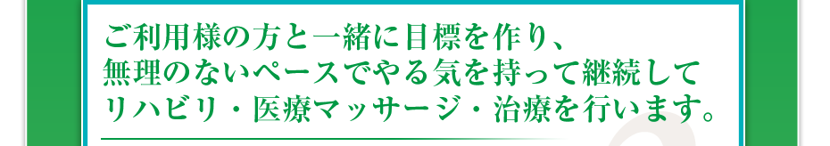 ご利用様の方と一緒に目標を作り、無理のないペースでやる気を持って継続してリハビリ・医療マッサージ・治療を行います。