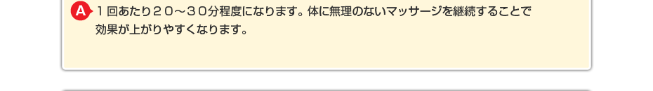 1回あたり２０～３０分程度になります。体に無理のないマッサージを継続することで効果が上がりやすくなります。